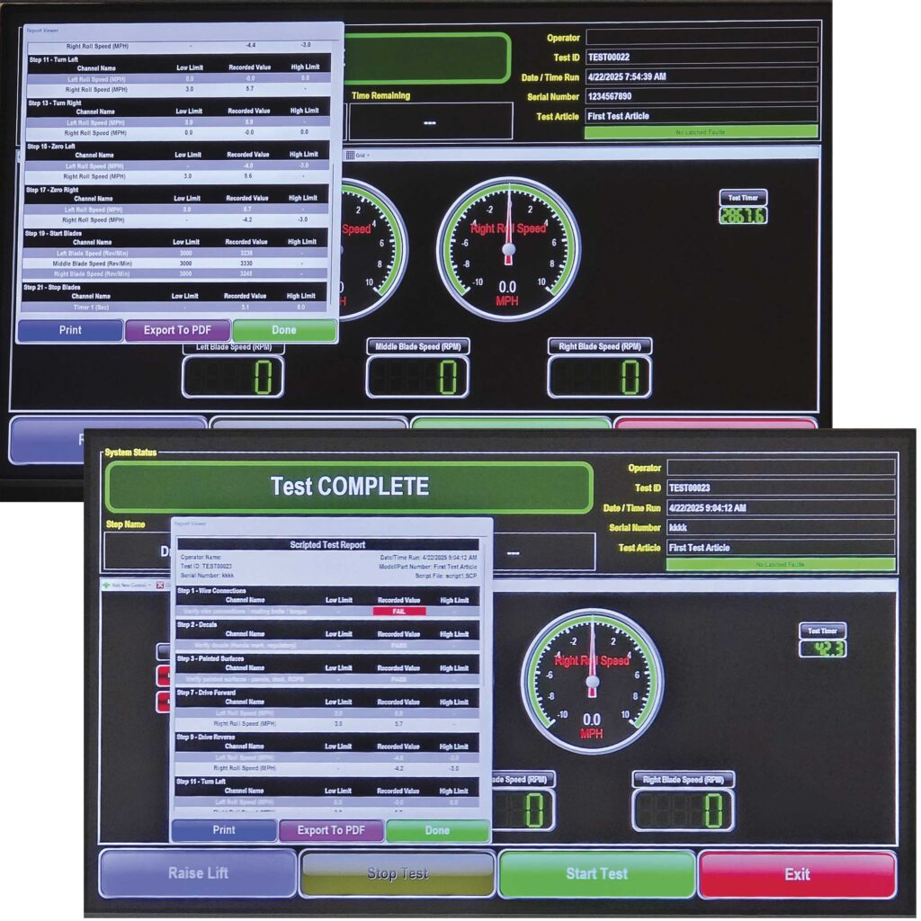 Screens of the custom software program created by Mustang Advanced Engineering for the zero-turn mower test stand